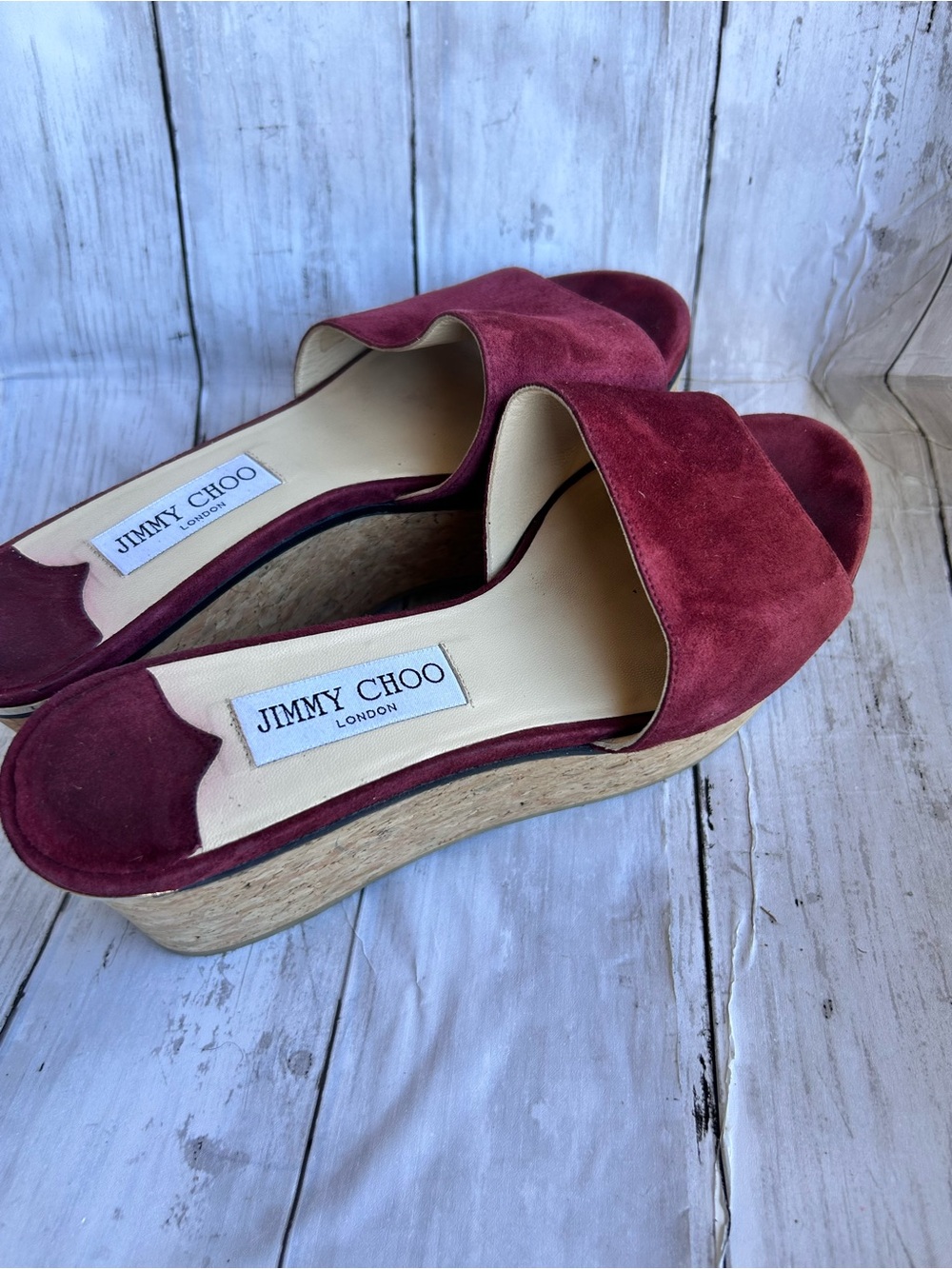 Jimmy Choo Deedee 80 bordeaux suede platform wedge sandals